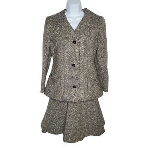 Vtg Bonwit Teller 2pc Skirt Jacket Suit Black White Herringbone Tweed Sz S READ